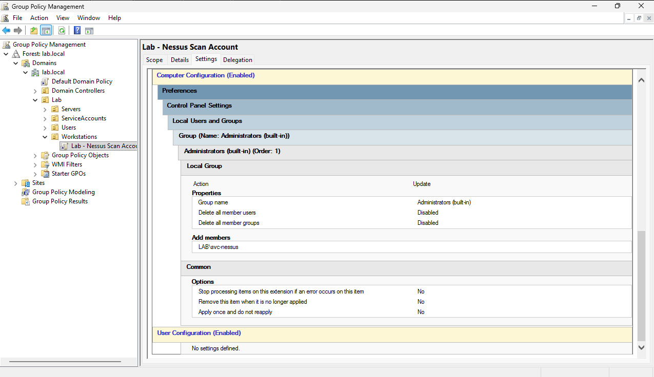 Lab - Nessus Scan Account GPO adding LAB\svc-nessus to the local Administrators group
