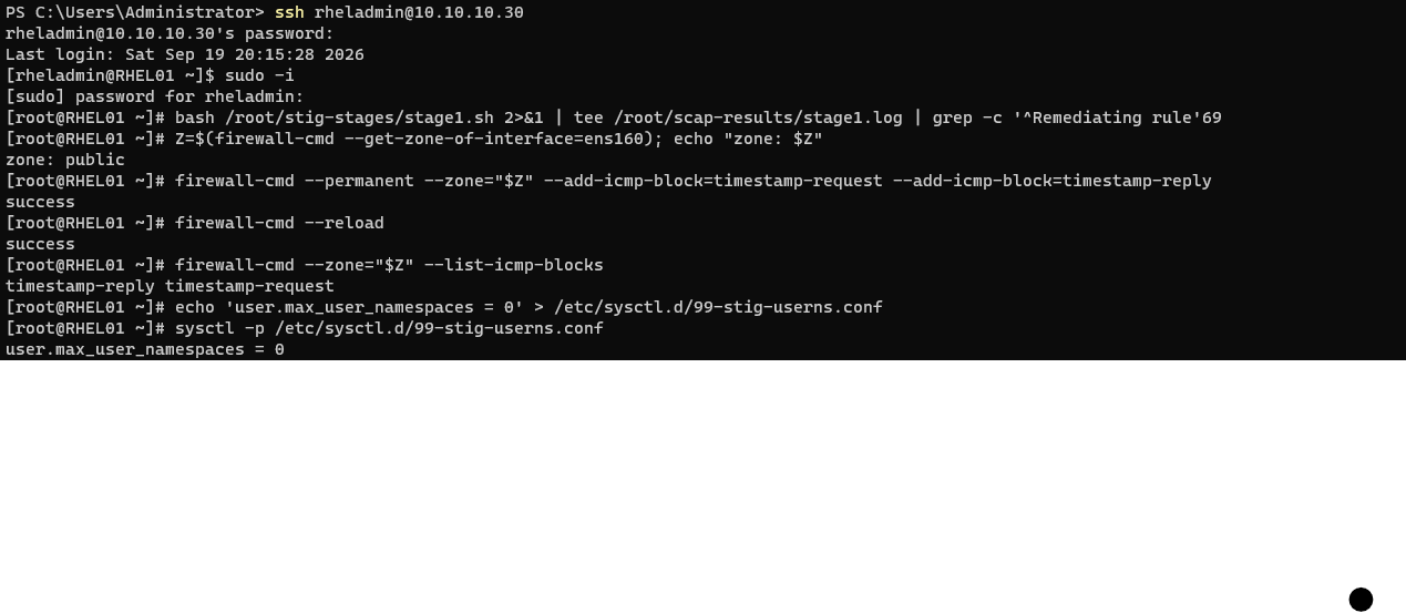 Stage 1 remediation, 69 rules, followed by the firewalld and sysctl deviations