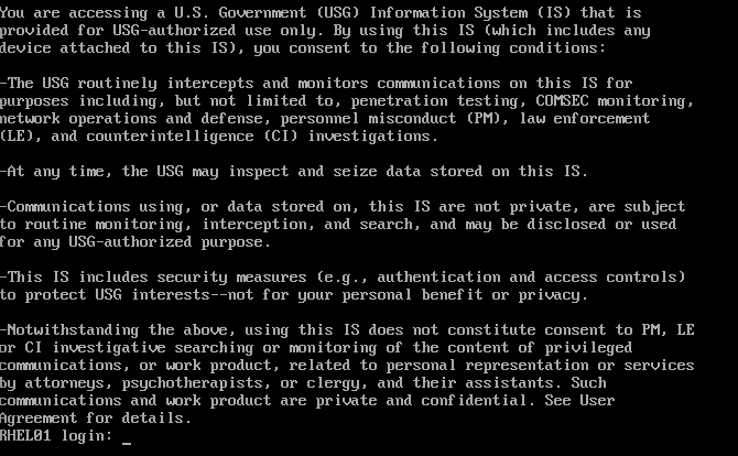 DoD notice and consent banner, enforced on RHEL01 by the STIG baseline